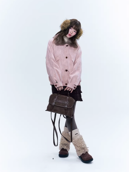 CREAMO2奶油氧气 - Peach Mist Detachable Fur-Collar Faux Suede Padded Jacket