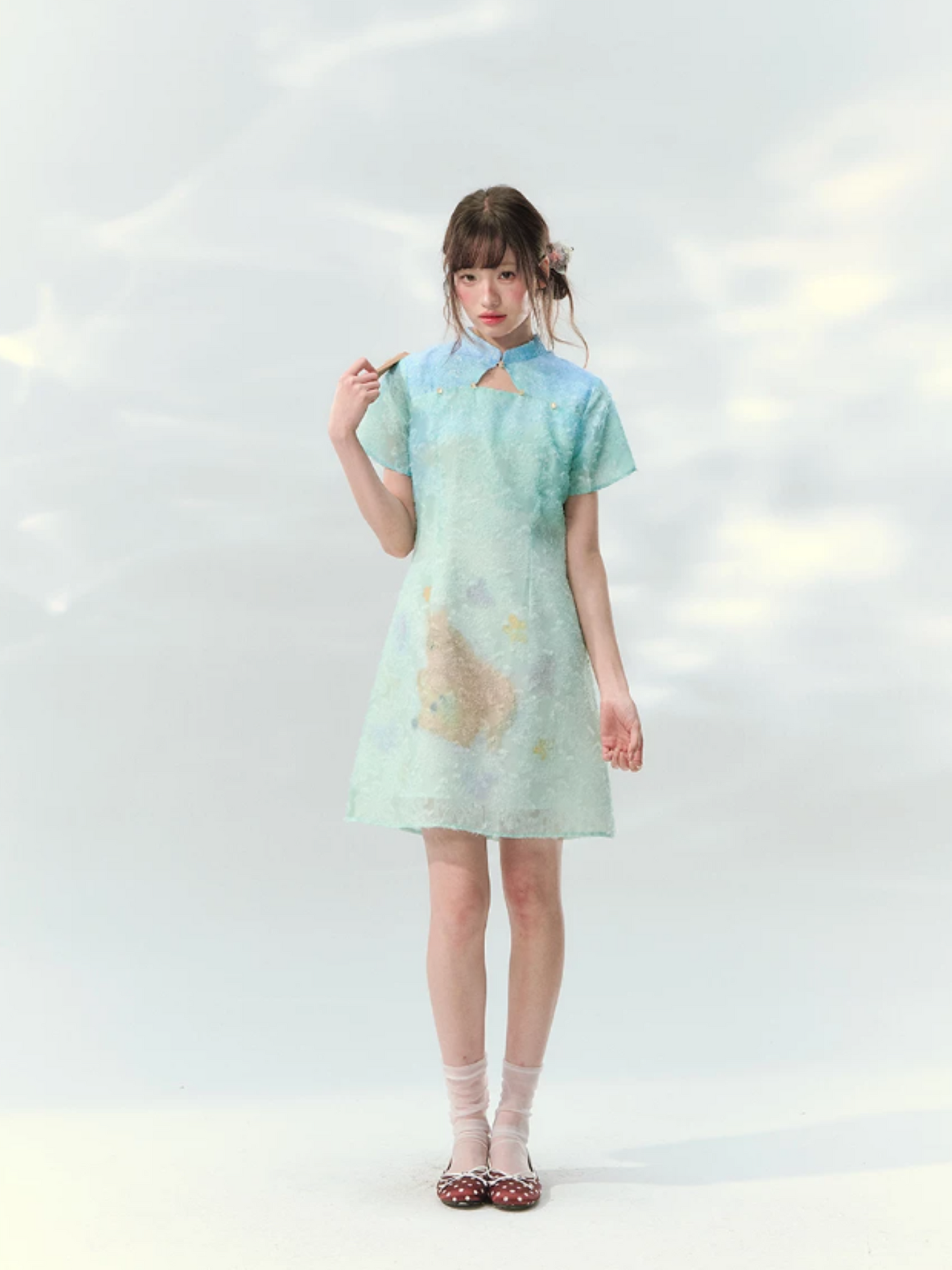“Velvet Deer Whisper” Teal Deer Print Cheongsam Dress LL2026174