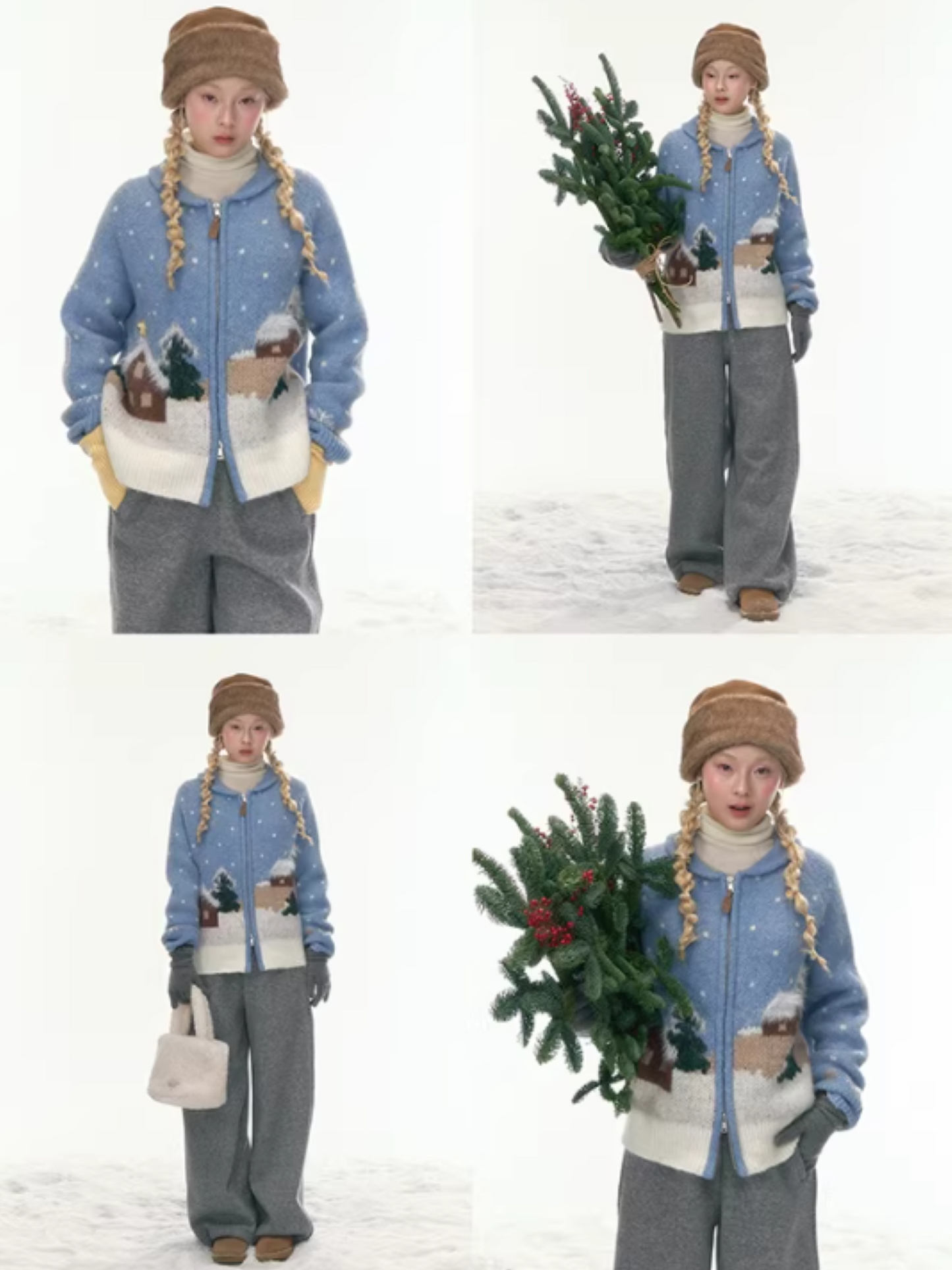 "Hand-Stitched Snow Fairytale" Blue Zip-Up Knit Cardigan LL2025448
