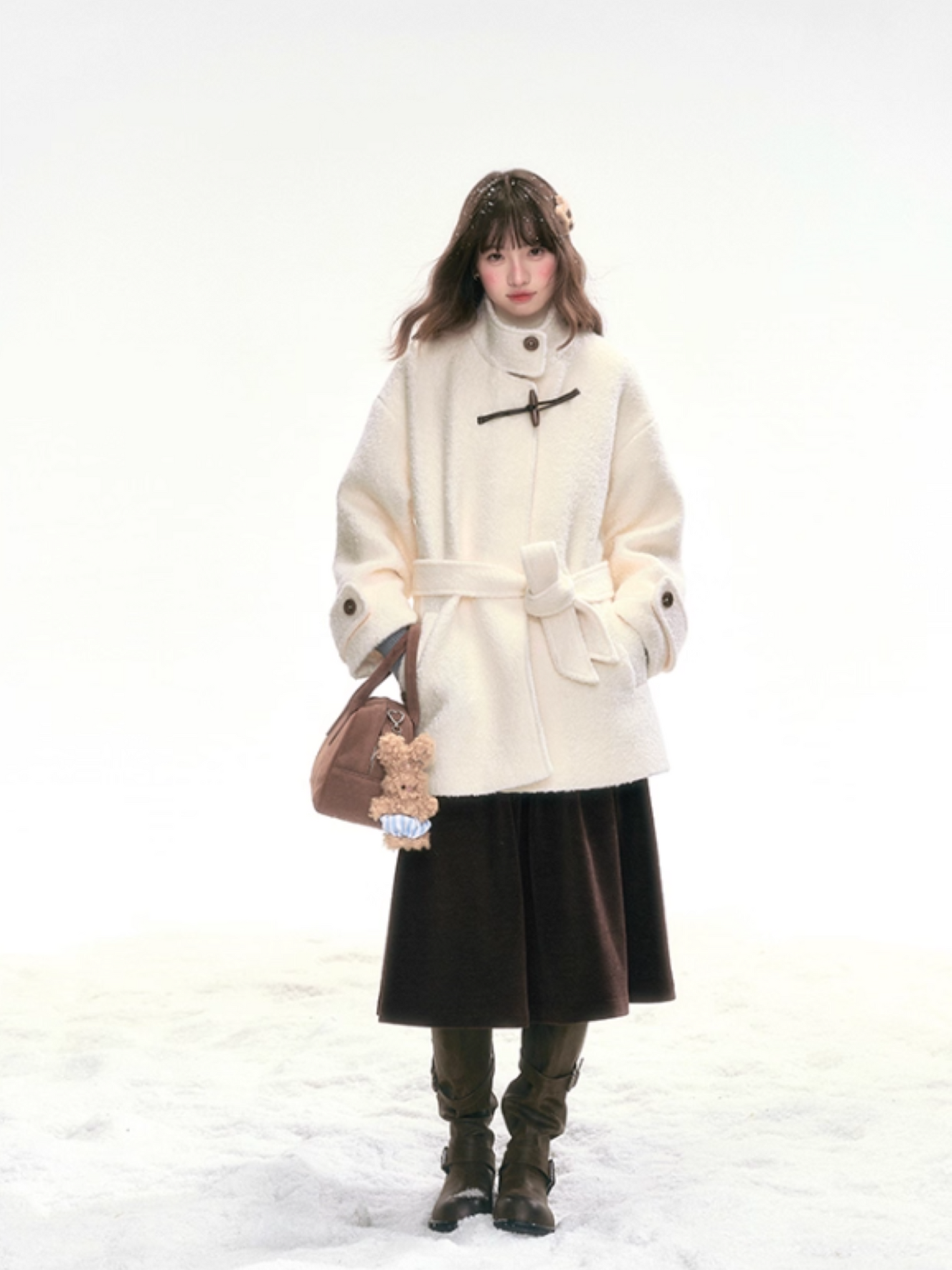 "Warm Latte Glow" Wool Duffle Coat — Belted Bouclé Design SJ2025302
