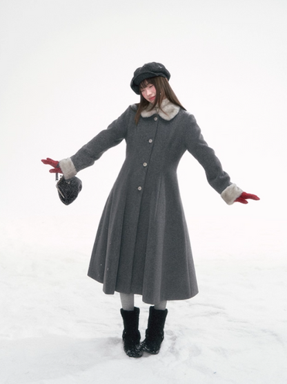 “Moscow Haze" Rose-Button Wool Coat – Cinched Waist Elegance