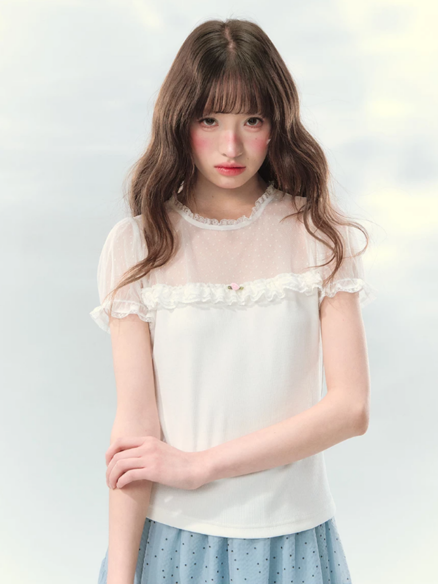 “Soft Candy Stardust” Lace Mesh Puff Sleeve Tee  LL2026149