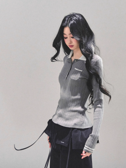 "温蒂的信" Classic Polo Collar Knit Top - Gray