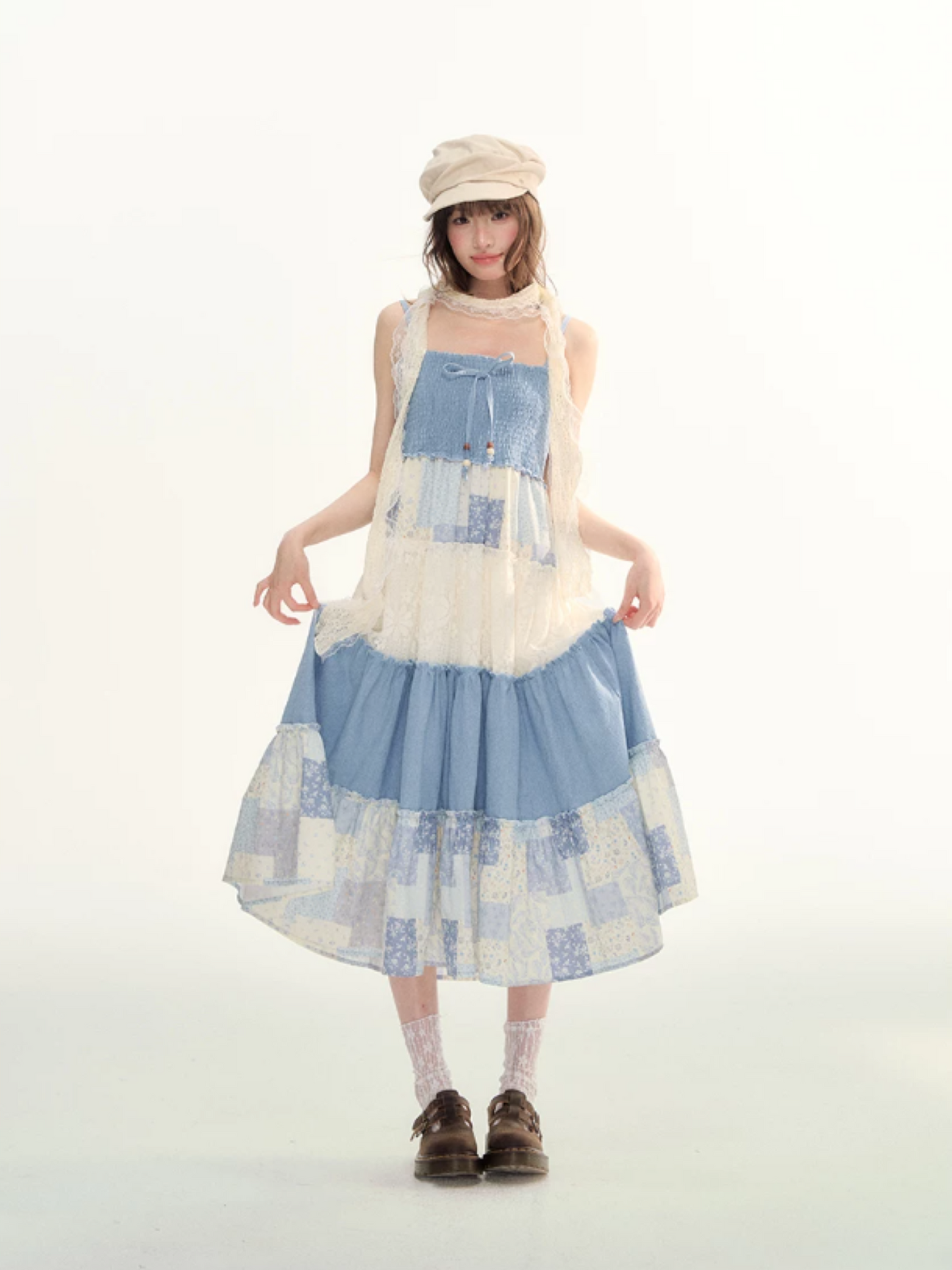 Blue Patchwork Tiered Smocked Dress LL2026106