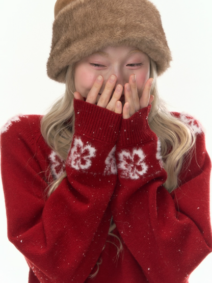 "Off-Season Garden" Red Jacquard Wool Turtleneck Knit Top LL2025304