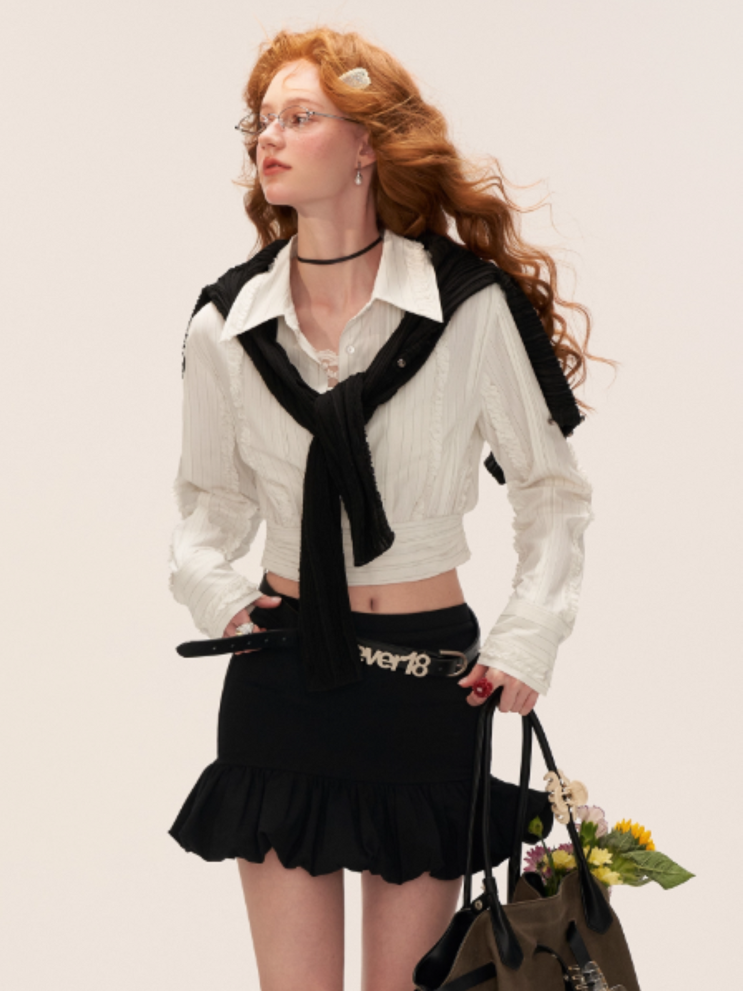 MAMC - Layered Striped Waist-Cinched White Shirt WE727