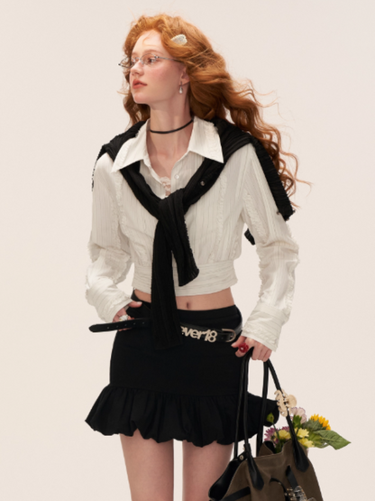 MAMC - Layered Striped Waist-Cinched White Shirt WE727
