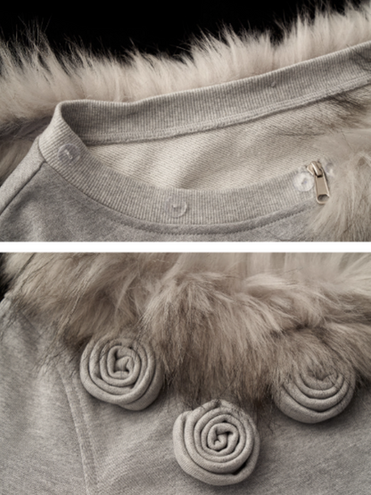MAMC - Asymmetrical Shoulder Detachable Fur Collar Floral Jacket WE762 - GRAY