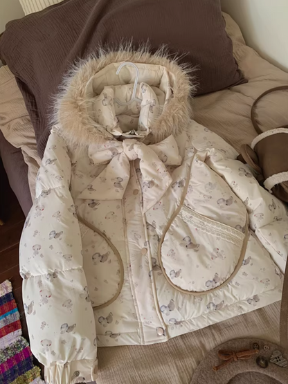阮阮自制 - "Fluffy Pup" Bow-Detail Puppy Print Puffer Jacket