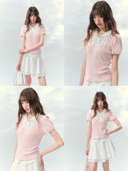 “Milk Candy Academy” Pink Polka Dot Collar Skirt Set LL2026148