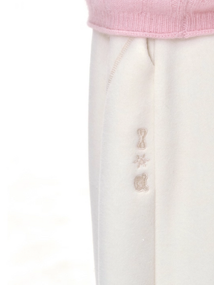 "Winter Bloom" Embroidered Knit Lounge Pants – White & Pink LL2025334