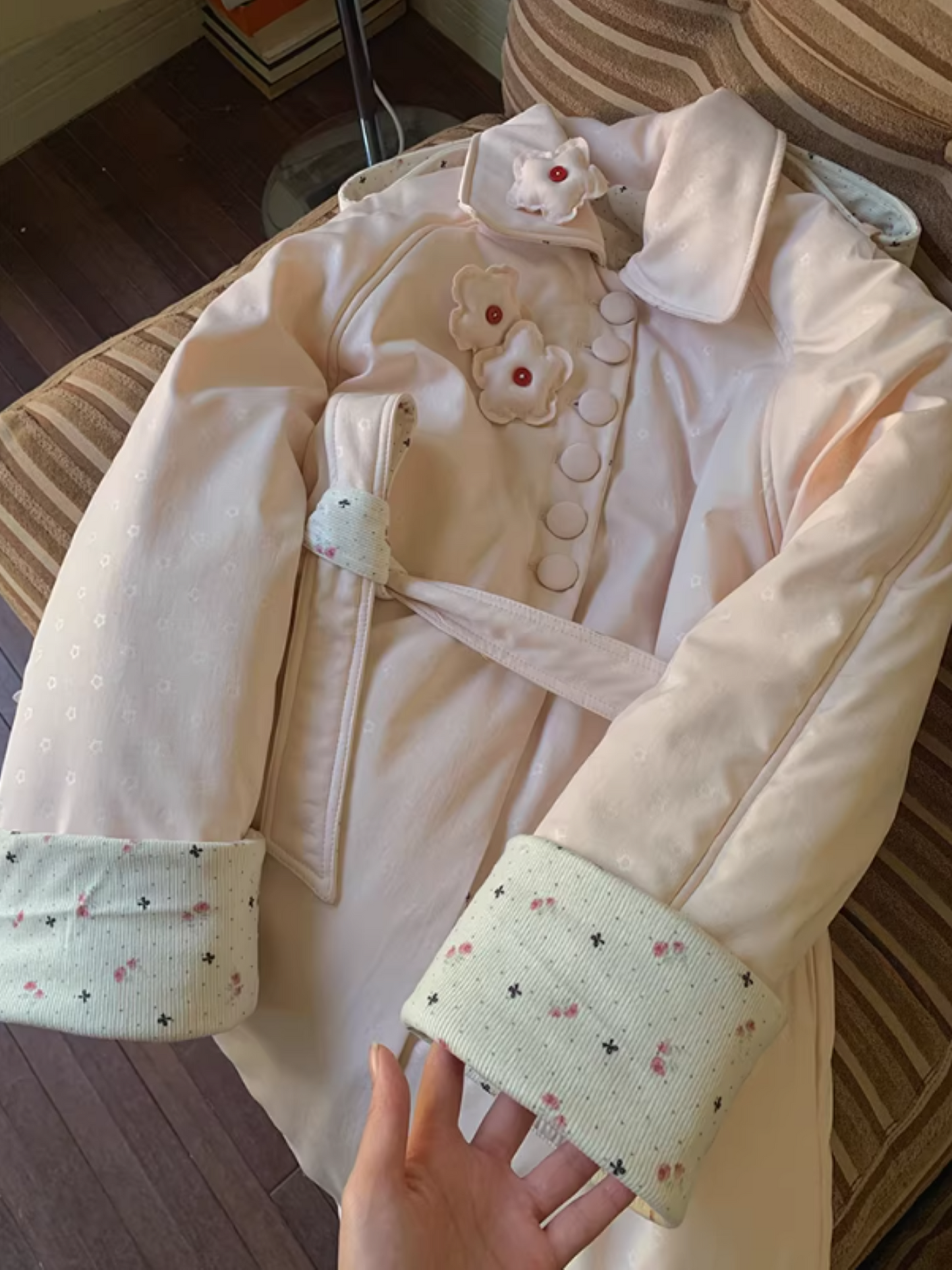 阮阮自制 - Honey Blossom Blush Floral Long Puffer Jacket