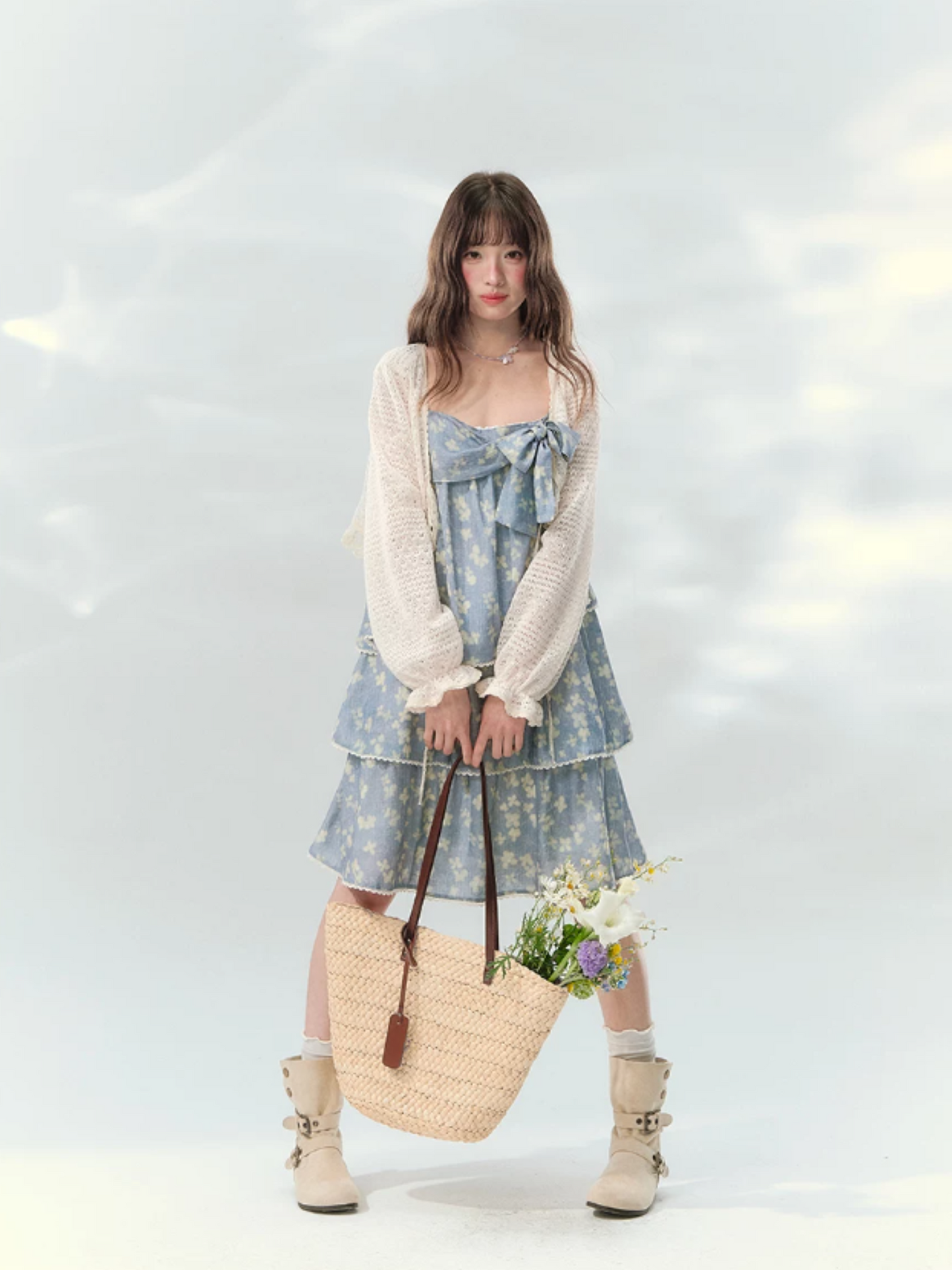 “Blue Mist Petals” Dusty Blue Floral Tiered Mini Dress LL2026120