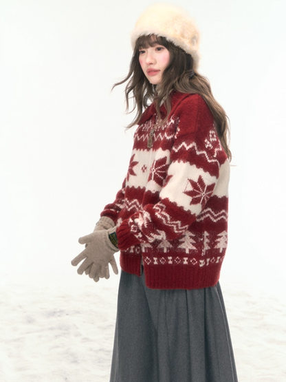 "Fluffy Snowtone" Vintage Red Holiday Knit Cardigan LL2025305