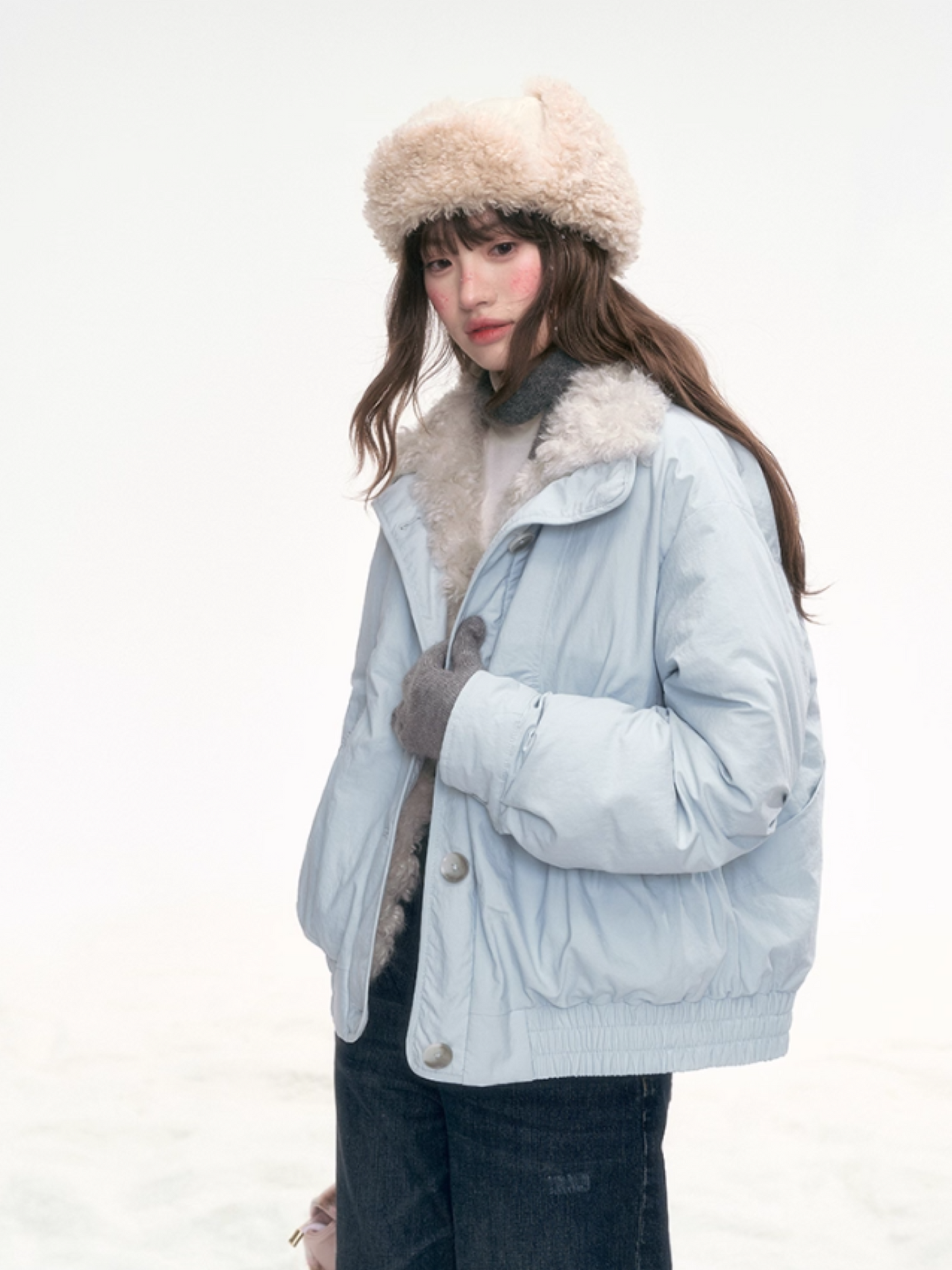 "Soft Mist Cove" Contrast Collar Down Jacket – Sky Blue & Light Gray LL2025308