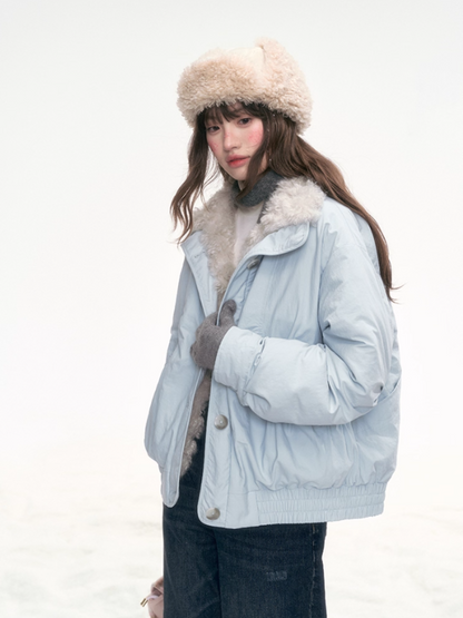 "Soft Mist Cove" Contrast Collar Down Jacket – Sky Blue & Light Gray LL2025308