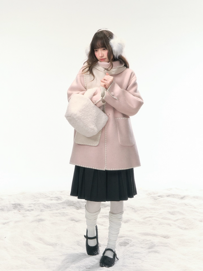 "Morning Verse & Night Poem" Reversible Wool Two-Tone Overcoat - Pink × White LL2025455