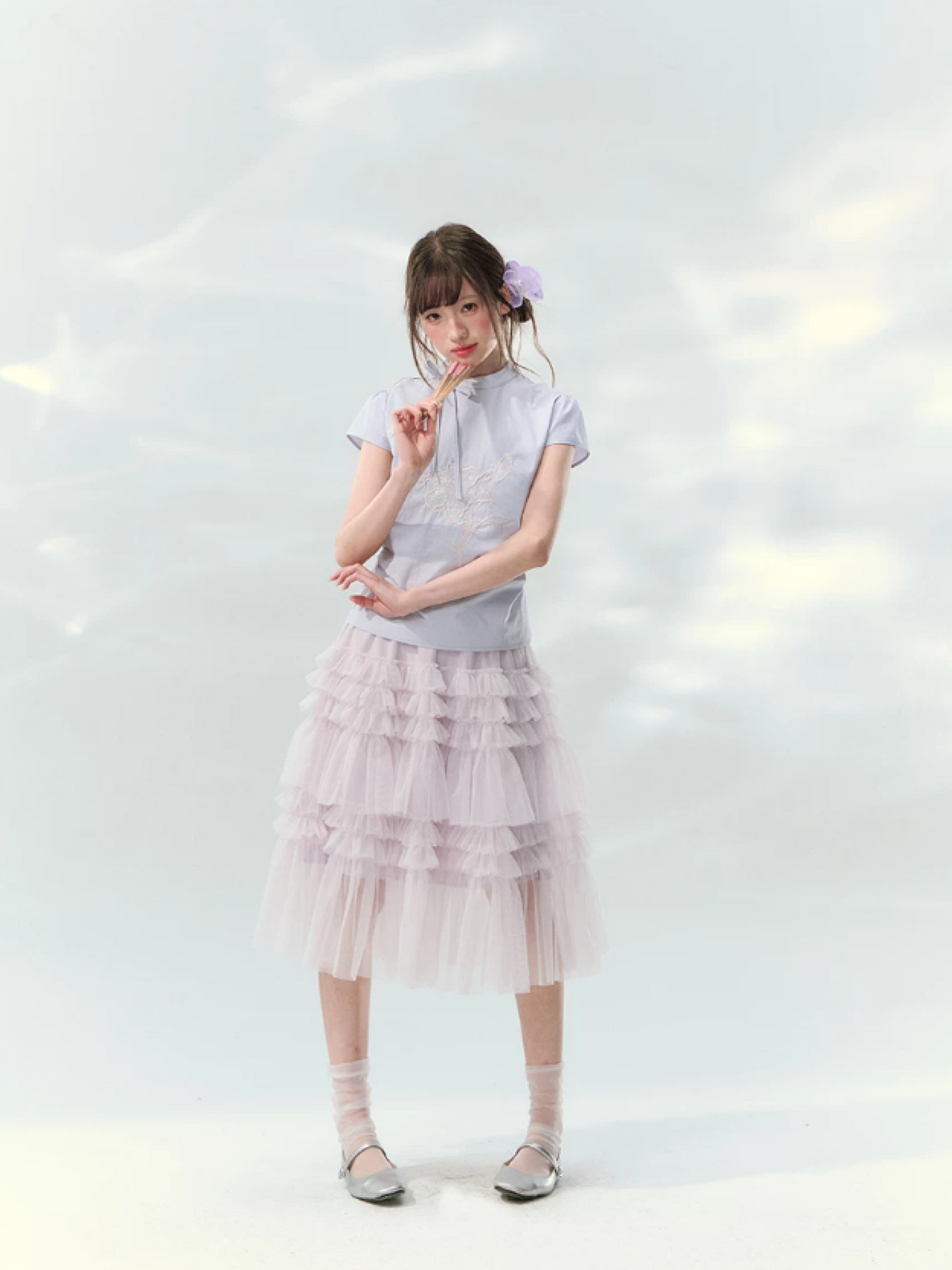 “Lilac Embroidered Whisper” Orchid Purple Mandarin Collar Blouse