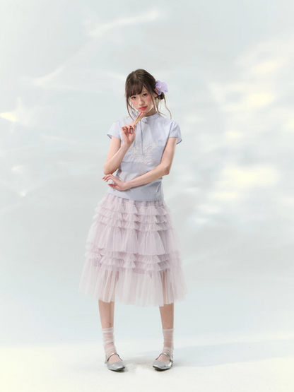 “Lilac Embroidered Whisper” Orchid Purple Mandarin Collar Blouse