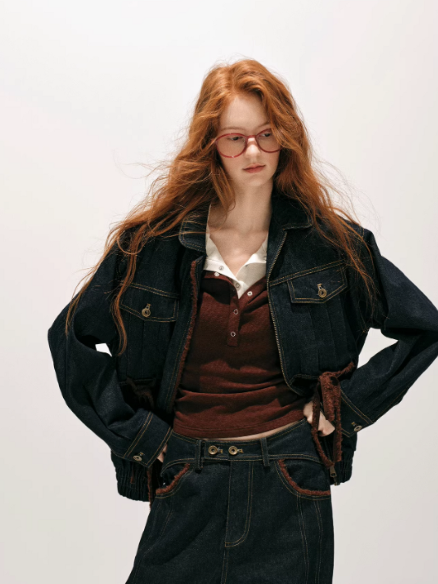 "荒野造势" Western-Inspired Suede-Panel Denim Jacket & Pants Set