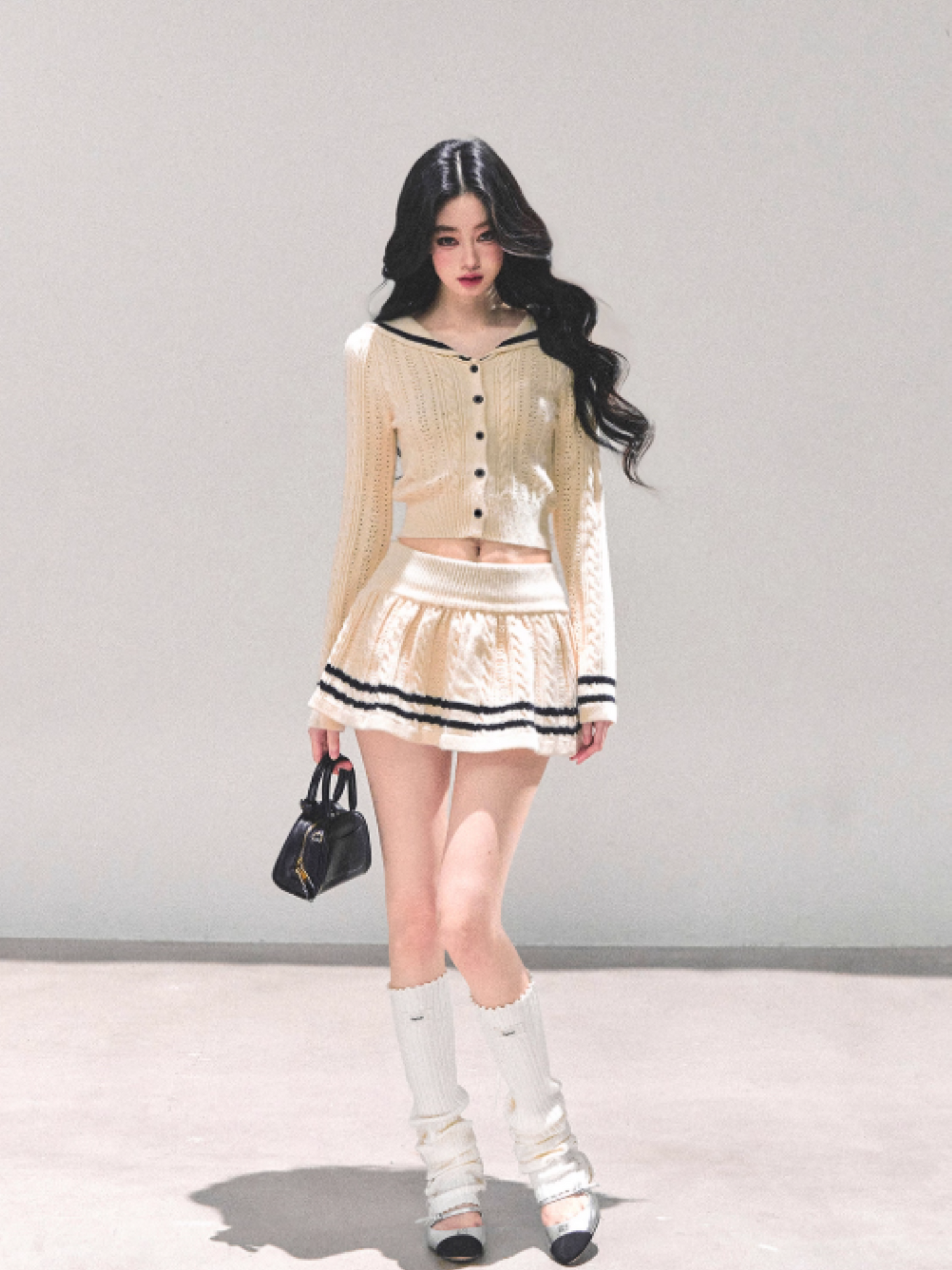 "晚风的低语" French Knit Co-ord Set – Beige Top & Mini Skirt