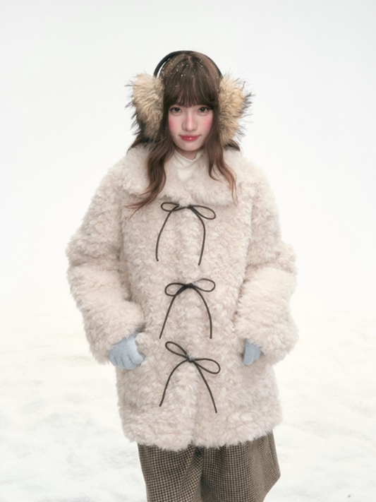 "Cocoa Pudding" Oatmeal Plush Bow Coat LL2025307