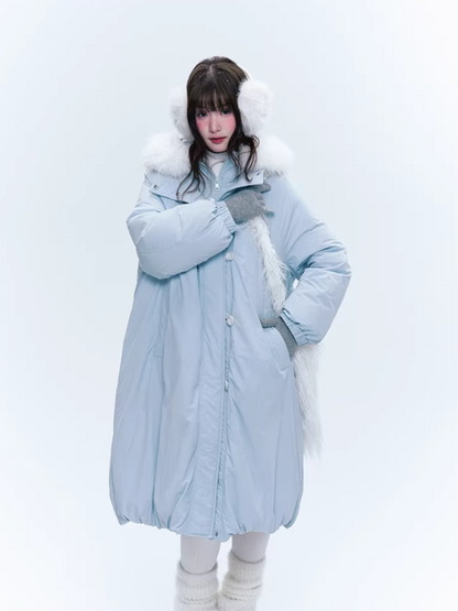 CREAMO2奶油氧气 - Milk Mist Blue Faux-Layered Mid-Length Down Puffer Coat