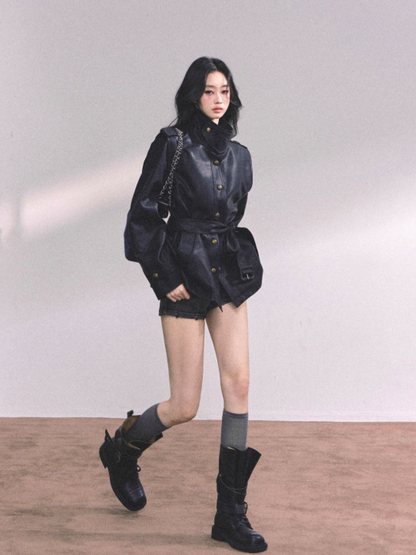 "英区时差" American Cool Girl PU Leather Jacket – Black/ Coffee