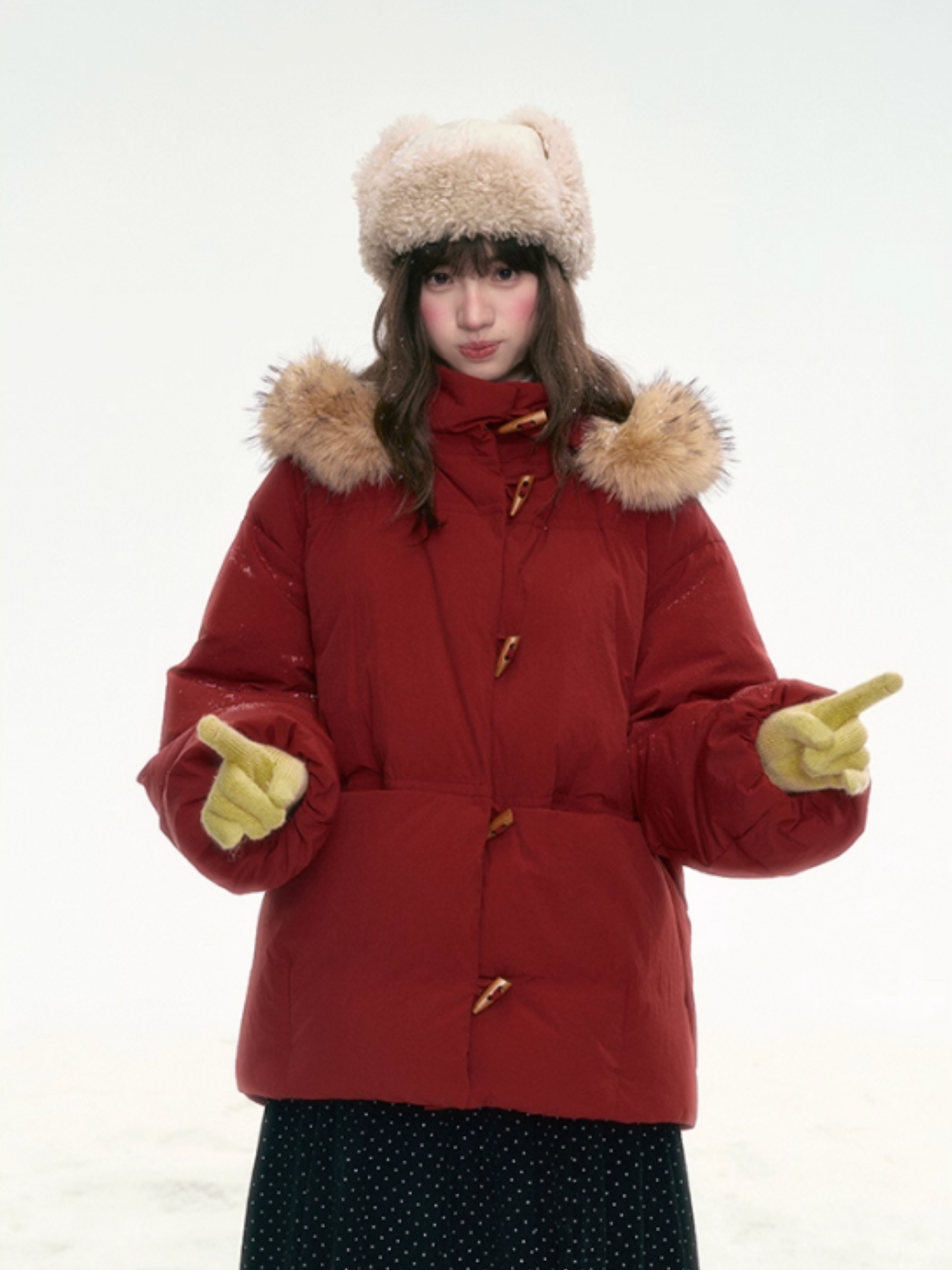 “Redwood Reverie” Festive Red Duffle-Hood Down Jacket LL2025317