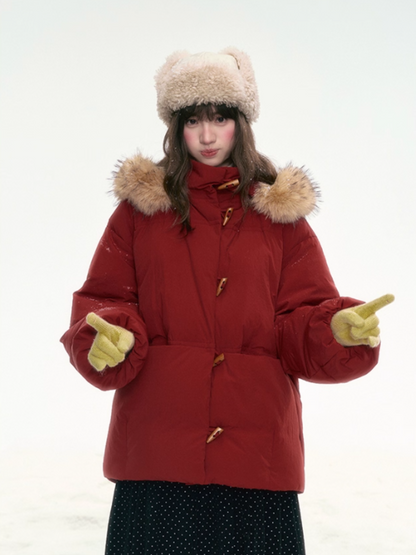 “Redwood Reverie” Festive Red Duffle-Hood Down Jacket LL2025317