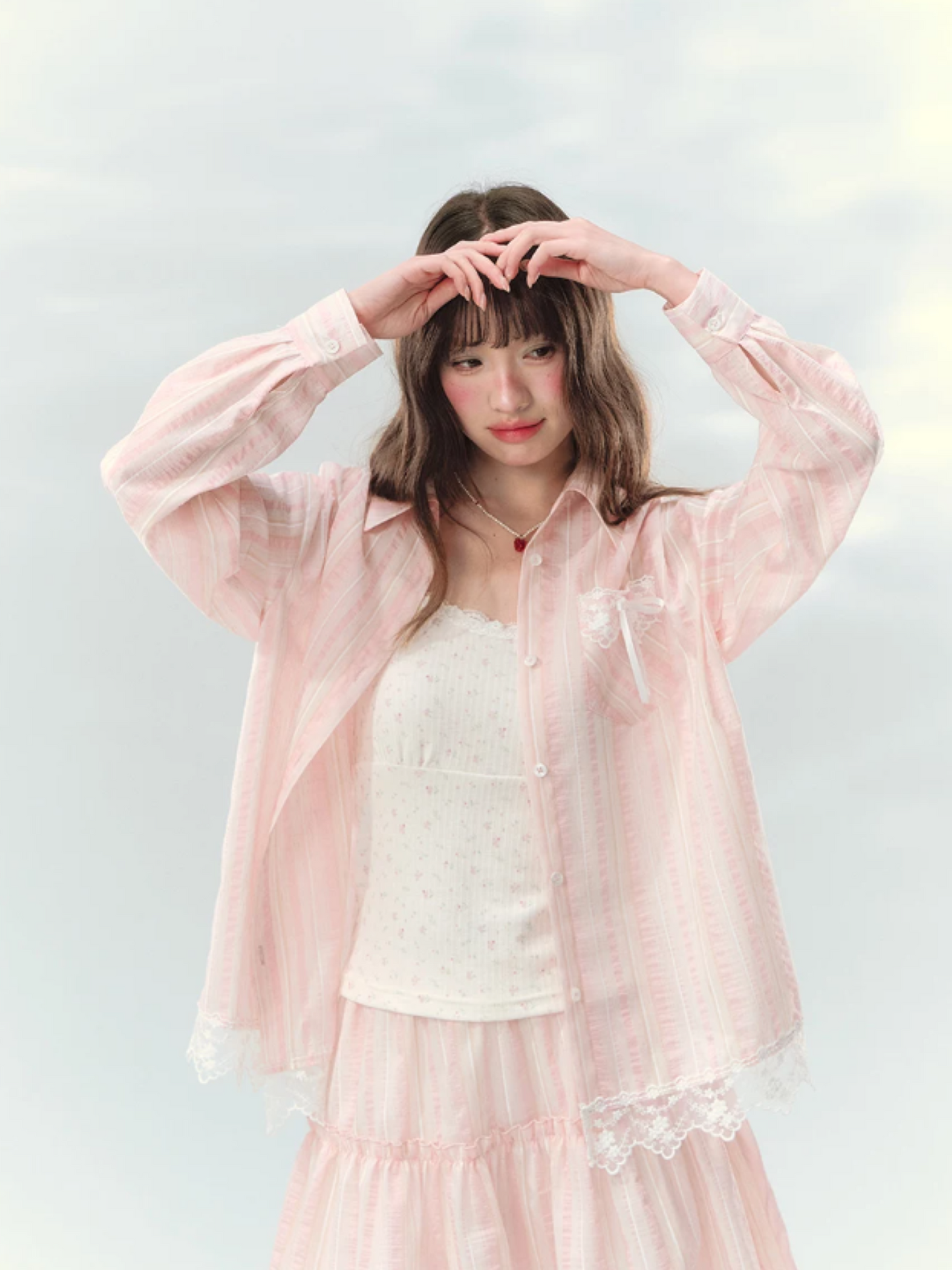 “Pink Mist Love Letter” Pink Stripe Lace Skirt Set LL2026161