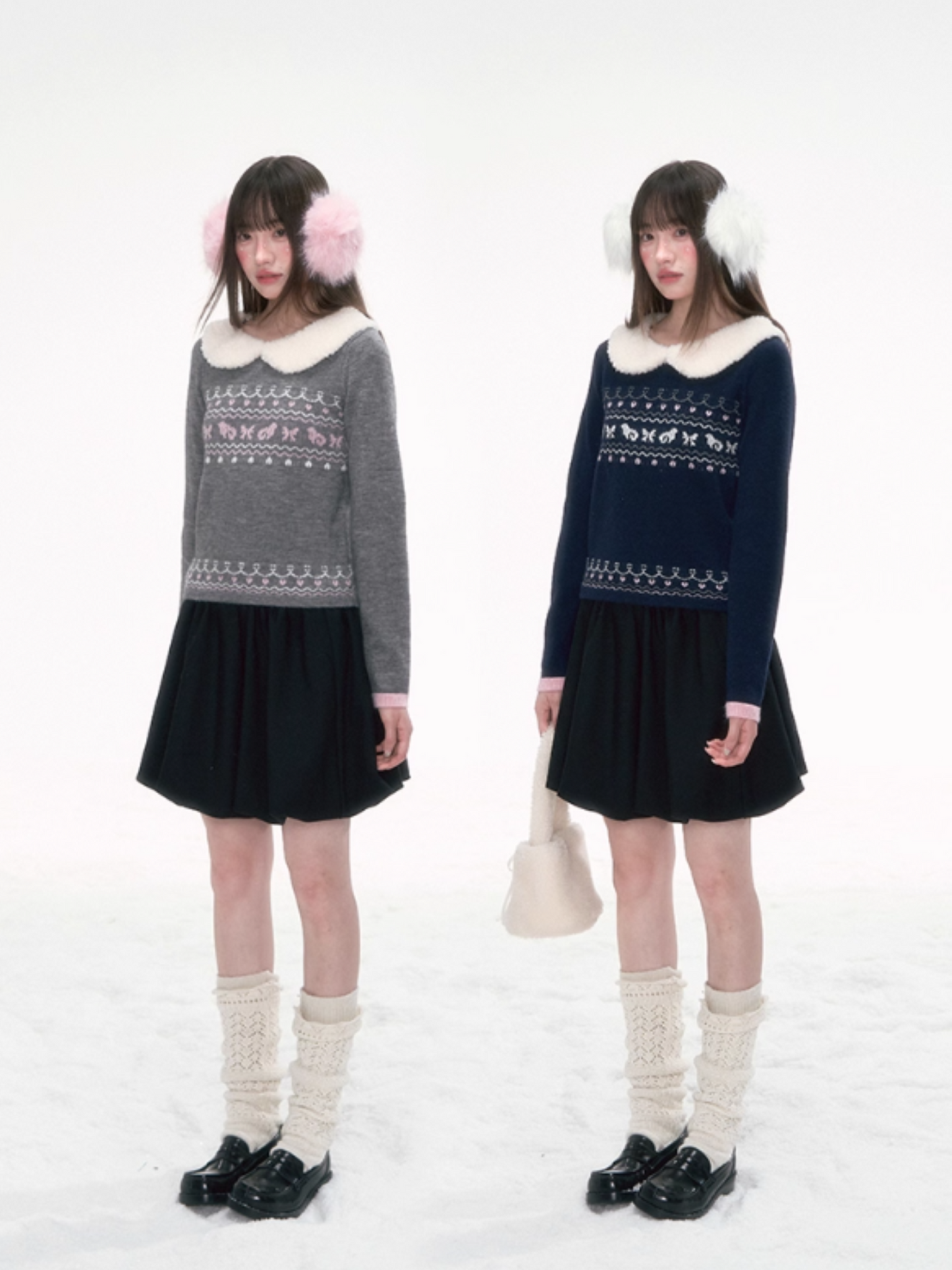 '雪绒甜心' Fair Isle Knit Top with Detachable Faux Fur Peter Pan Collar – Gray/ Navy