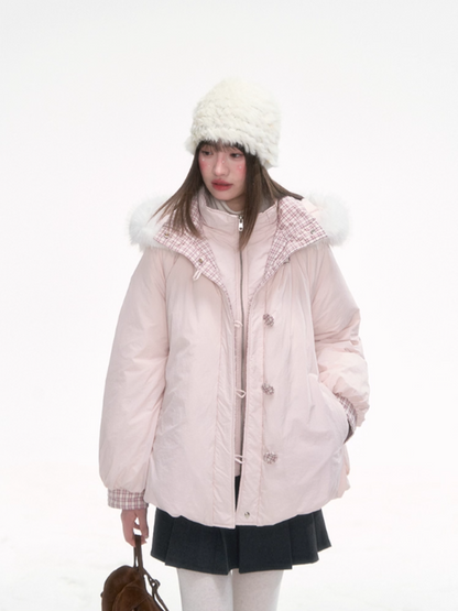 "Snow Mirage" Layered Bloom Down Parka – Pink Faux Two-Piece Hooded Coat with Fur Trim