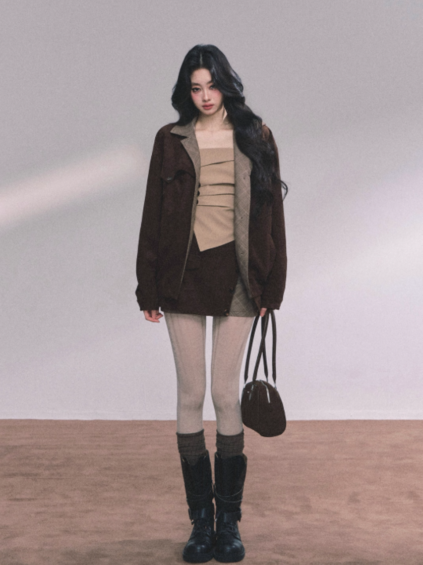 少也眼 Miu-Style Two-Piece Set – French Hepburn Jacket & Plaid Mini Skirt (Brown)