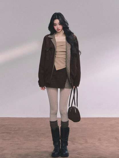 少也眼 Miu-Style Two-Piece Set – French Hepburn Jacket & Plaid Mini Skirt (Brown)