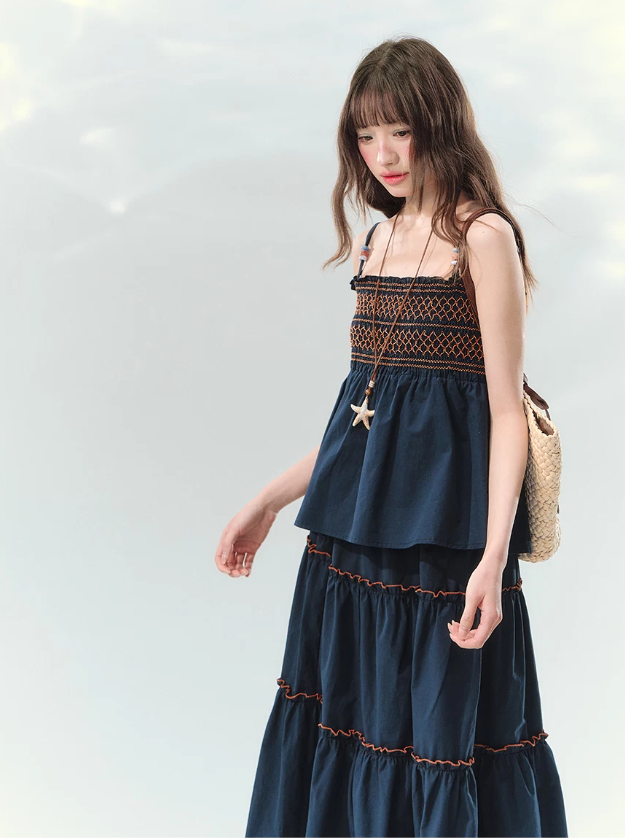 “Bohemian Travel Notes” Navy Beaded Cami & Tiered Maxi Skirt Set