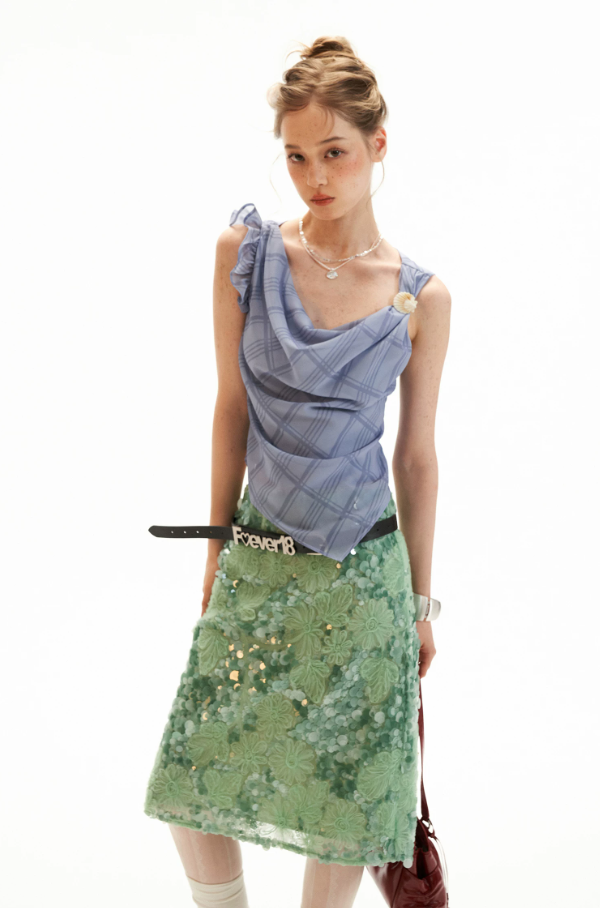 Mint Sequin Embroidered Midi Skirt