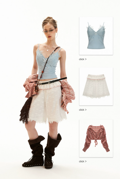 White Lace Trim Relaxed Cotton Shorts