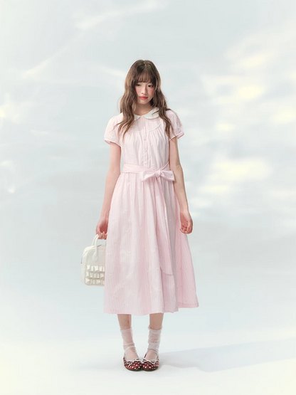“Pink Mist Soufflé” Blush Pink Embroidered Doll Collar Dress