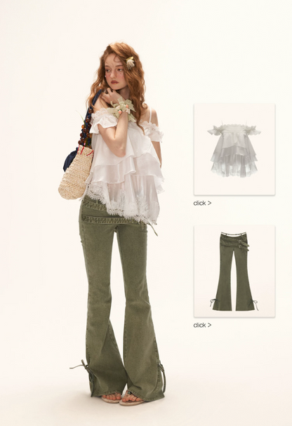 Vintage Multi-Belt Flared Jeans - Olive Green WE938