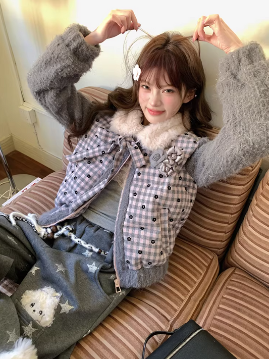 阮阮自制 - "Mist Isle Sakura" Faux-Layered Plaid Fur-Collar Puffer Jacket