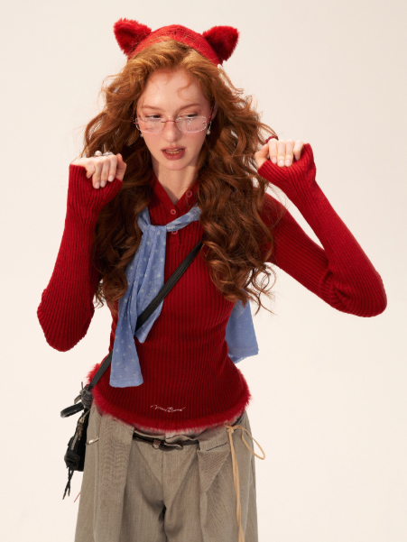 Cute Cat Ear Ribbed Knit Hoodie WE772 (Bold Red)