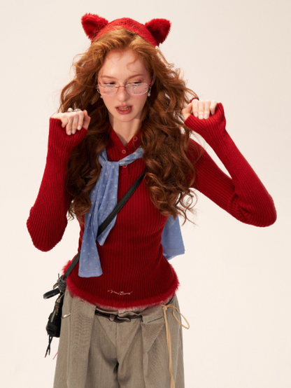 Cute Cat Ear Ribbed Knit Hoodie WE772 (Bold Red)