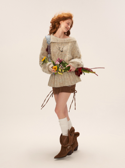 MAMC - Beige Cable Knit Tie-Waist Sweater WE835