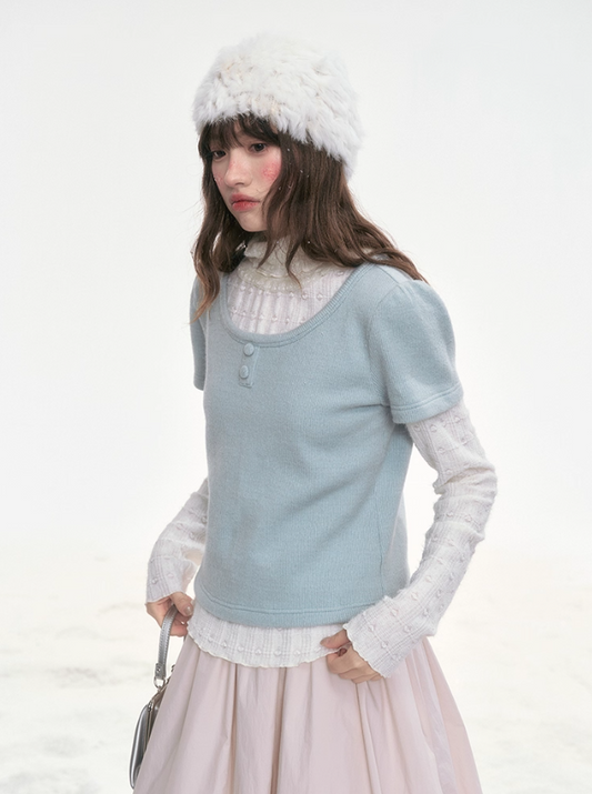 "Mint Soda" Knit & Lace Layered Top Set LL2025335