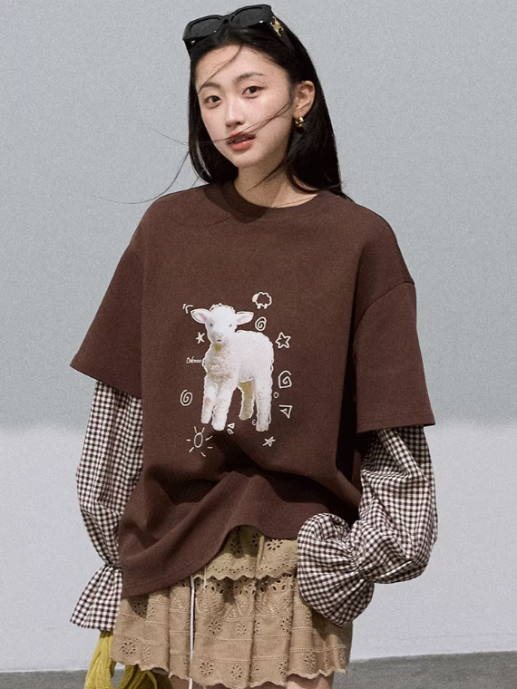 OAKMOO - "Pastoral Lamb Mood" Layered Gingham Sweatshirt – Cocoa Brown 25Q457