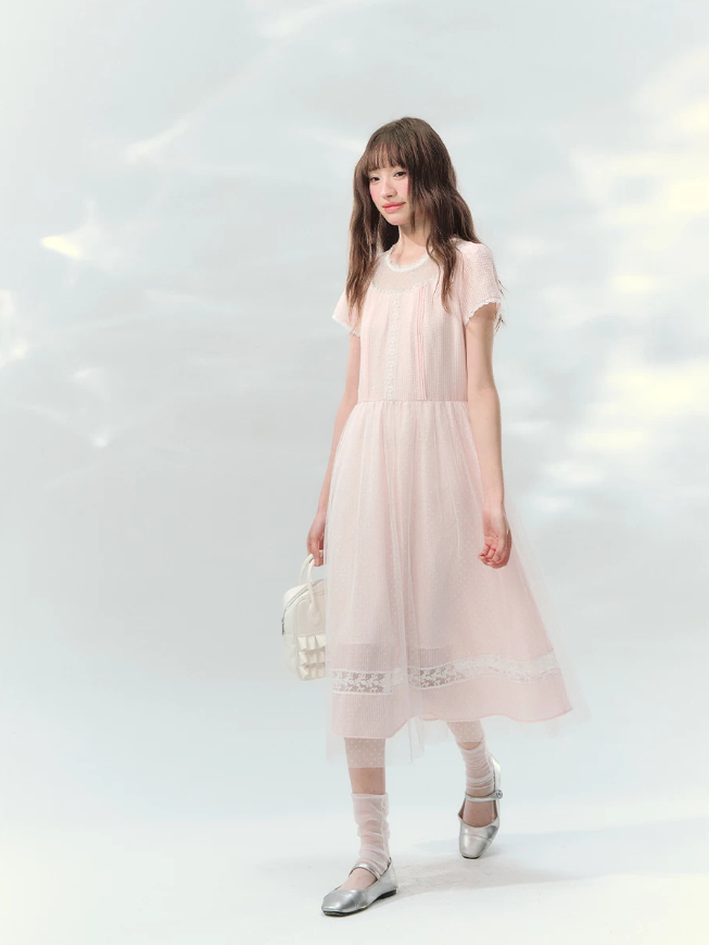 “Peach Bubble Romance” Pink Polka Dot Lace Midi Dress