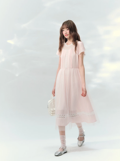 “Peach Bubble Romance” Pink Polka Dot Lace Midi Dress