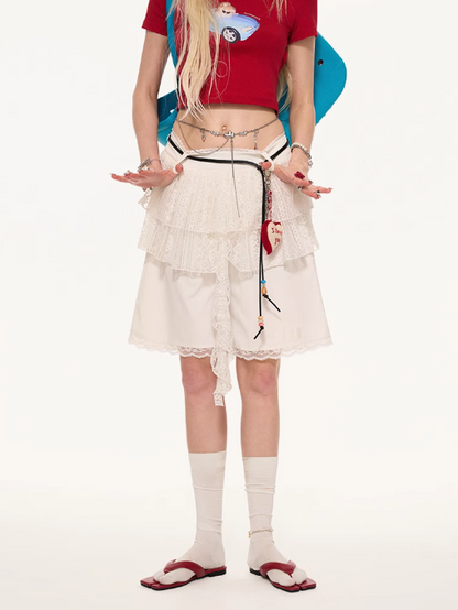 MAMC - Layered Lace Trim Shorts – White Summer Relaxed Fit