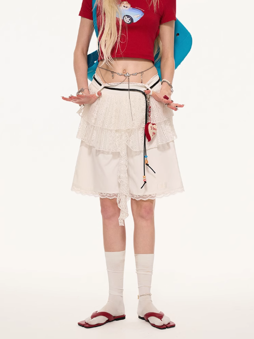 MAMC - Layered Lace Trim Shorts – White Summer Relaxed Fit